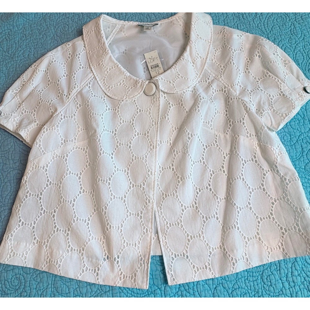 Ann Taylor LOFT White Eyelet Cropped Jacket Peter Pan Collar Cotton Size 12 NWT